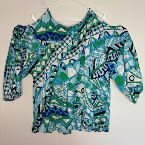 CHICO'S Cold Shoulder Blouse Womens 3 Satin Blue Green Tassels - Picture 4 of 5